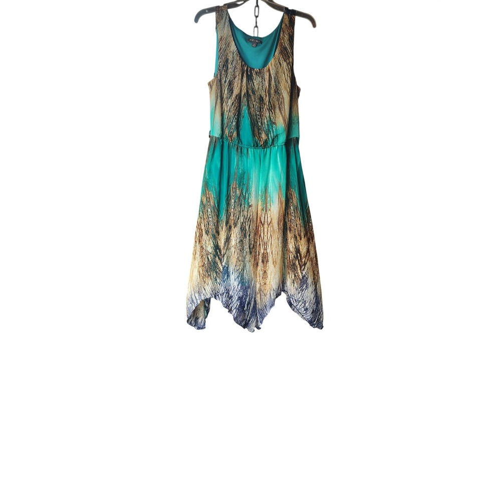 Roz & Ali Teal Abstract Print Handkerchief‎ Hem Sleeveless Dress Womens 12